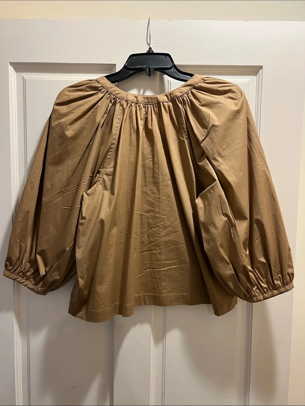 STAUD Camel Puff-Sleeve Button Front Blouse